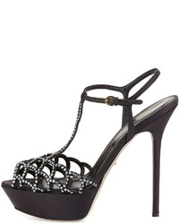 Sergio Rossi Scalloped Crystal T Strap Platform Sandal Black