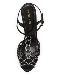 Sergio Rossi Scalloped Crystal T Strap Platform Sandal Black