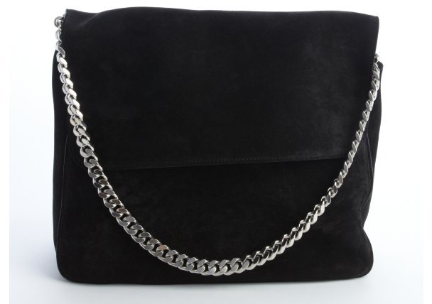 black suede bag with silver chain