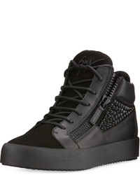 Giuseppe Zanotti Crystal Detail Leather Suede Mid Top Sneaker Black