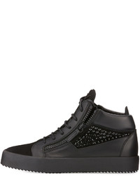Giuseppe Zanotti Crystal Detail Leather Suede Mid Top Sneaker Black