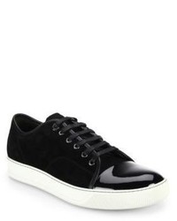 Lanvin Patent Leather Paneled Suede Lace Up Sneakers