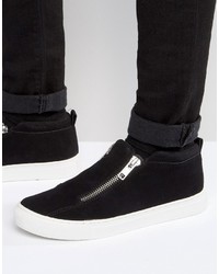 Asos Zip Sneakers In Black Faux Suede With Chunky Sole