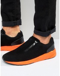 Asos Zip Sneakers In Black Faux Suede With Orange Sole