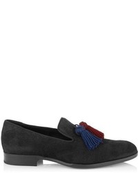 Jimmy Choo Foxley Black Textured Suede And Satin Tassled Loafers