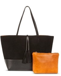 Street Level Suede Reversible Tote Handbag With Bonus Accessories Pouch Blackbrown