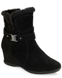 Anne Klein Incaged Faux Fur Trimmed Suede Ankle Boots