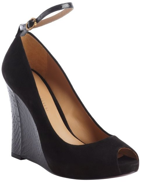 AERIN Rin Black Suede And Sakeskin Peep Toe Wedge Pumps 209