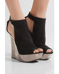 Balmain Amaya Cutout Suede And Mirrored Leather Wedge Sandals Black