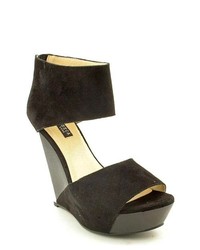 Messeca Carlie Double Band Black Kid Suede Wedge Sandals Shoes