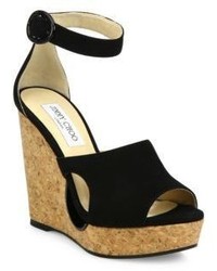 Jimmy Choo Neyo 120 Cutout Suede Ankle Strap Cork Wedge Sandals