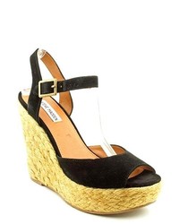 Steve Madden Chieeff Black Peep Toe Suede Wedge Sandals Shoes