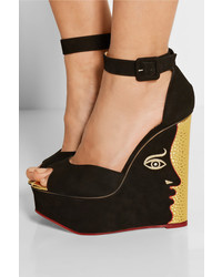 Charlotte Olympia Two Faced Suede Wedge Sandals Black