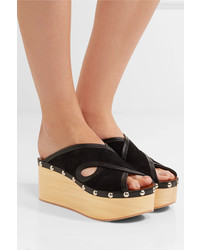 Isabel Marant Zipla Leather Trimmed Cutout Suede Wedge Sandals Black
