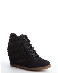 Be & D Bed Black And Army Green Faux Suede Lace Up Wedged Sneakers