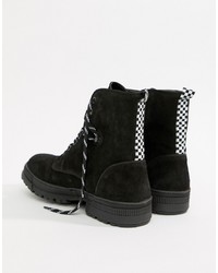 ASOS DESIGN Lace Up Boots In Black Suede With Checkerboard Tape Detail And Cleated Sole