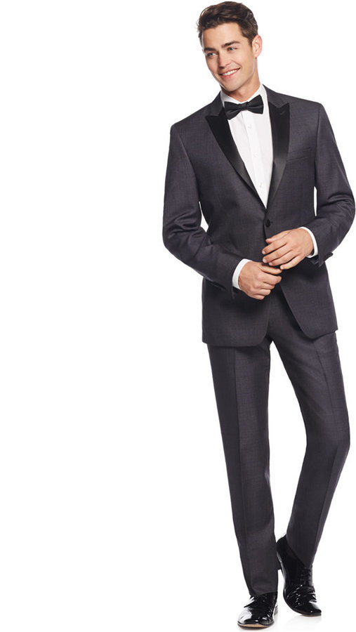 Calvin Klein Grey With Black Peak Lapel Slim Fit Tuxedo, $650 | Macy's |  Lookastic