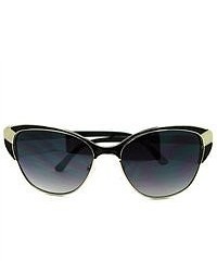 106Shades Retro Metal Frame Cat Eye Half Rim Sunglasses Black Silver