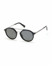Ermenegildo Zegna Acetate Titanium Double Bar Round Sunglasses Black