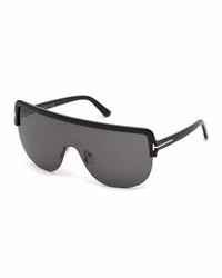 Tom Ford Angus Half Rim Shield Sunglasses Shiny Blacksmoke
