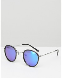 Asos Round Sunglasses In Black With Blue Mirror Lens