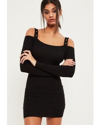 Missguided Black Supported Bardot Ribbed Sweater Dress