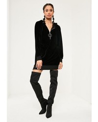 Missguided Black Velour Hooded Zip Detail Sweater Dress