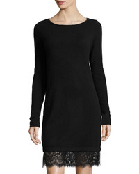 Neiman Marcus Cashmere Boat Neck Lace Hem Sweater Dress Black