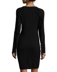 Neiman Marcus Cashmere Fringed Sleeve Sweater Dress Black