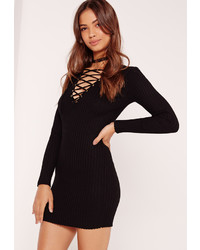 Missguided Lace Up Mini Sweater Dress Black