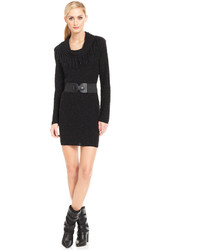 Ny Collection Fringed Cowl Neck Belted Sweater Dress