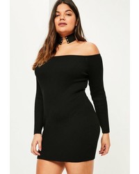 Missguided Plus Size Black Ribbed Off Shoulder Mini Sweater Dress