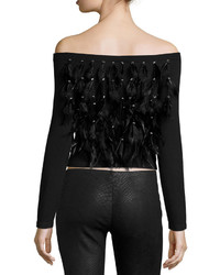 Haute Hippie Cropped Feather Fringe Off The Shoulder Sweater Black