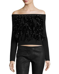 Haute Hippie Cropped Feather Fringe Off The Shoulder Sweater Black