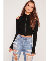 Missguided Black Front Zipper Cold Shoulder Cropped Sweater