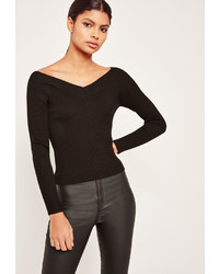 Missguided Black Off Shoulder Skinny Ribbed Cropped Sweater