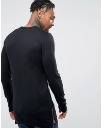 Asos Muscle Fit Longline Sweater With Side Zips In Black