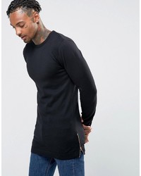 Asos Muscle Fit Longline Sweater With Side Zips In Black