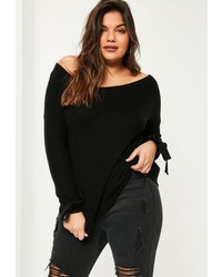Missguided Plus Size Black Tie Sleeve Bardot Sweater