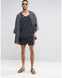 Asos Brand Short Length Swim Shorts In Black Wet Look Fabric