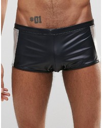 Asos Brand Swim Hipster Trunks In Wet Look Fabric With Metallic Silver Side Panels