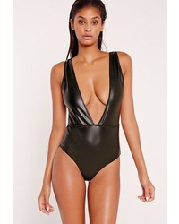 Missguided Black Faux Leather Plunge Swimsuit
