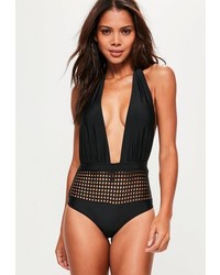 Missguided Black Halter Neck Grid Detail Swimsuit