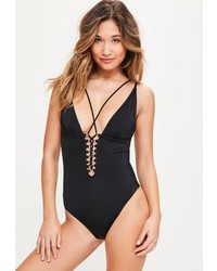 Missguided Black Lace Up Multi Strap Swimsuit