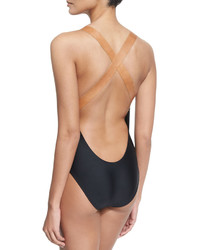 Vix Leather Strap Solid One Piece Swimsuit Black