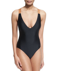 Vix Leather Strap Solid One Piece Swimsuit Black