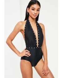 Missguided Black Stud Detail Plunge Neckline Swimsuit