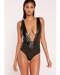 Missguided Faux Leather Plunge Swimsuit Black