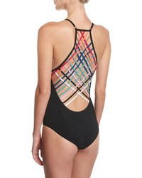 Red Carter Woven Strappy Back One Piece Maillot Swimsuit Black