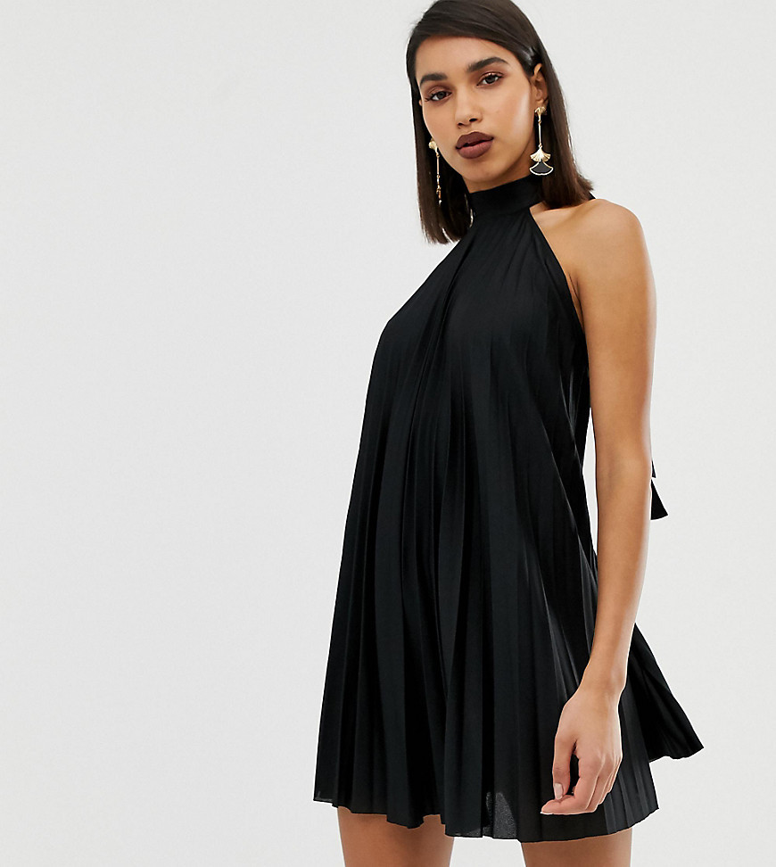 black pleated swing dress